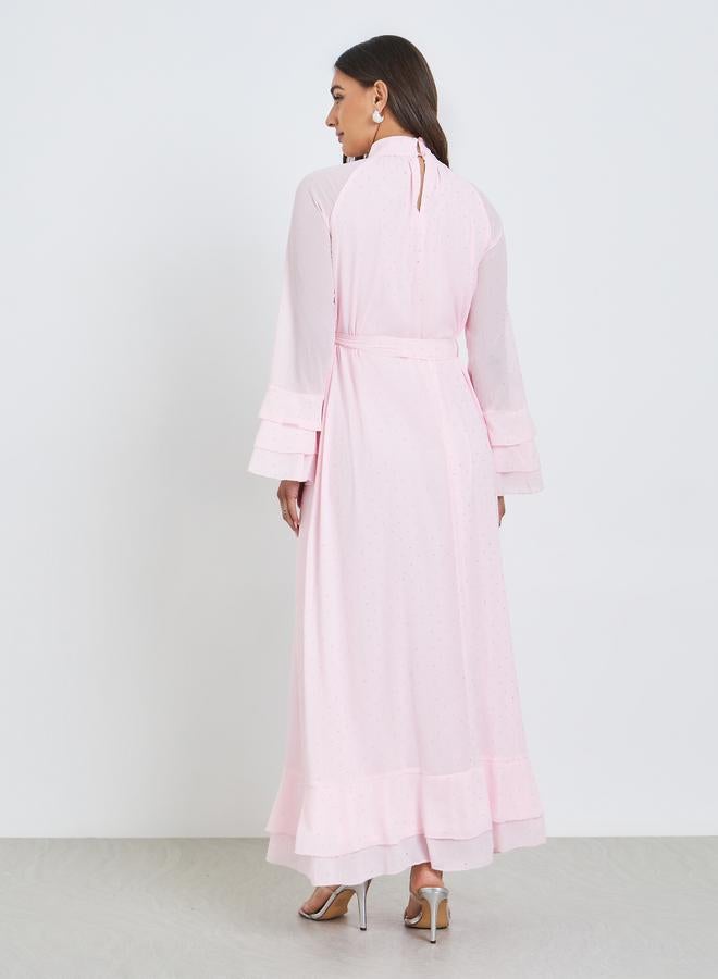 ستايلي فستان طويل بأكمام كشكش وردي - Image 4